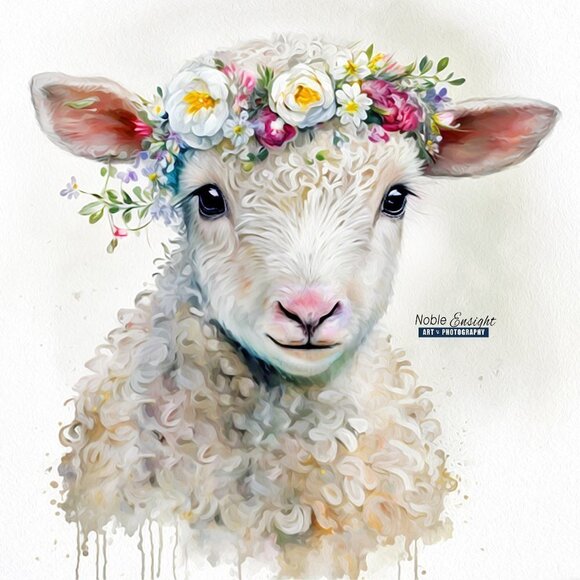 8x8 Baby Lamb Wearing Floral‎ Crown Portrait Watercolor Oil Painting Art Print - Picture 2 of 7